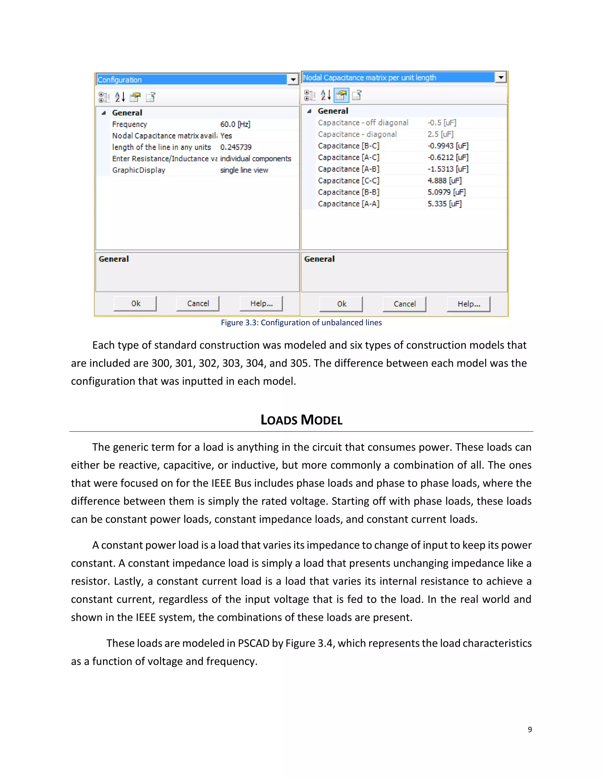 9
Figure 3.3: Configuration of unbalanced lines
Each type of standard construction was modeled and six types of construction models that
are included are 300, 301, 302, 303, 304, and 305. The difference between each model was the
configuration that was inputted in each model.
LOADS MODEL
The generic term for a load is anything in the circuit that consumes power. These loads can
either be reactive, capacitive, or inductive, but more commonly a combination of all. The ones
that were focused on for the IEEE Bus includes phase loads and phase to phase loads, where the
difference between them is simply the rated voltage. Starting off with phase loads, these loads
can be constant power loads, constant impedance loads, and constant current loads.
A constant power load is a load that varies its impedance to change of input to keep its power
constant. A constant impedance load is simply a load that presents unchanging impedance like a
resistor. Lastly, a constant current load is a load that varies its internal resistance to achieve a
constant current, regardless of the input voltage that is fed to the load. In the real world and
shown in the IEEE system, the combinations of these loads are present.
These loads are modeled in PSCAD by Figure 3.4, which represents the load characteristics
as a function of voltage and frequency.
 