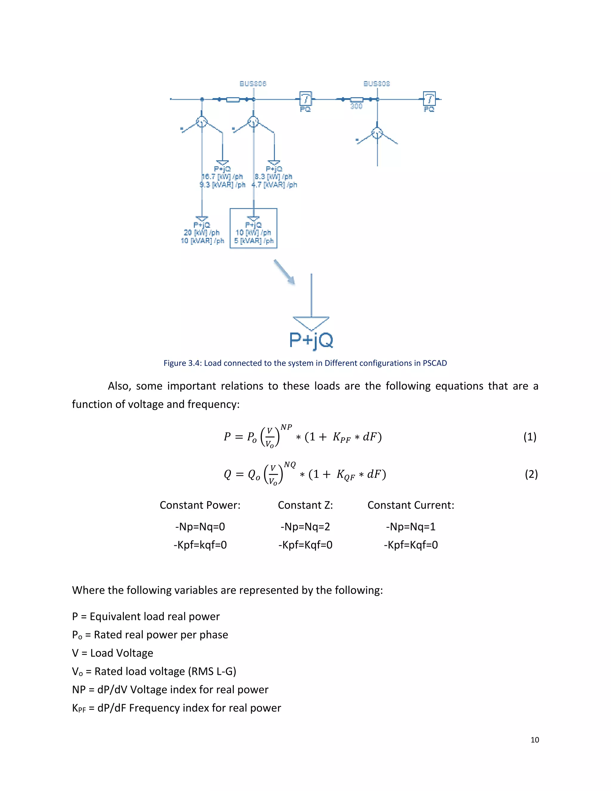 10
Figure 3.4: Load connected to the system in Different configurations in PSCAD
Also, some important relations to these loads are the following equations that are a
function of voltage and frequency:
𝑃 = 𝑃𝑜 (
𝑉
𝑉𝑜
)
𝑁𝑃
∗ (1 + 𝐾 𝑃𝐹 ∗ 𝑑𝐹) (1)
𝑄 = 𝑄 𝑜 (
𝑉
𝑉𝑜
)
𝑁𝑄
∗ (1 + 𝐾 𝑄𝐹 ∗ 𝑑𝐹) (2)
Constant Power: Constant Z: Constant Current:
-Np=Nq=0 -Np=Nq=2 -Np=Nq=1
-Kpf=kqf=0 -Kpf=Kqf=0 -Kpf=Kqf=0
Where the following variables are represented by the following:
P = Equivalent load real power
Po = Rated real power per phase
V = Load Voltage
Vo = Rated load voltage (RMS L-G)
NP = dP/dV Voltage index for real power
KPF = dP/dF Frequency index for real power
 