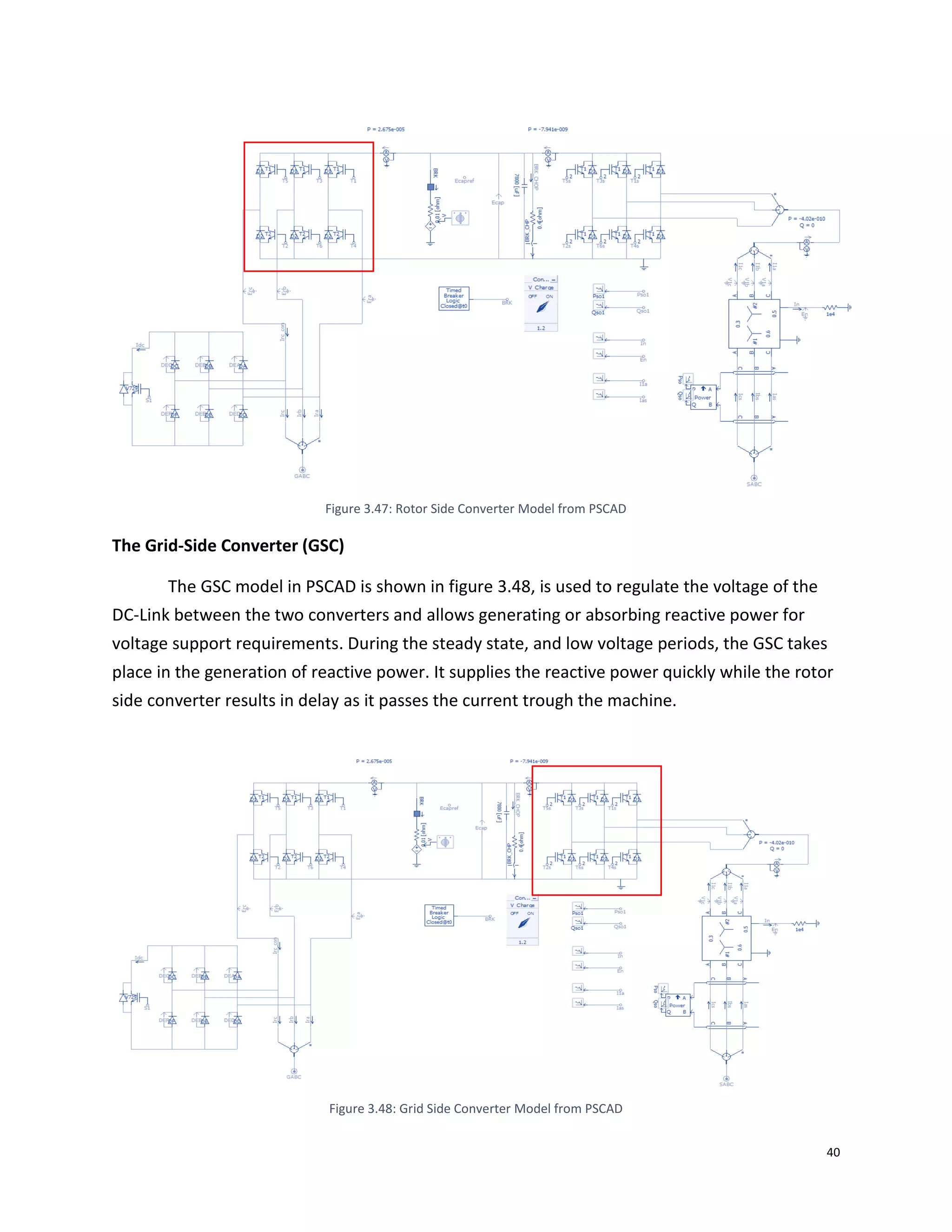 40
Figure 3.47: Rotor Side Converter Model from PSCAD
The Grid-Side Converter (GSC)
The GSC model in PSCAD is shown in figure 3.48, is used to regulate the voltage of the
DC-Link between the two converters and allows generating or absorbing reactive power for
voltage support requirements. During the steady state, and low voltage periods, the GSC takes
place in the generation of reactive power. It supplies the reactive power quickly while the rotor
side converter results in delay as it passes the current trough the machine.
Figure 3.48: Grid Side Converter Model from PSCAD
 