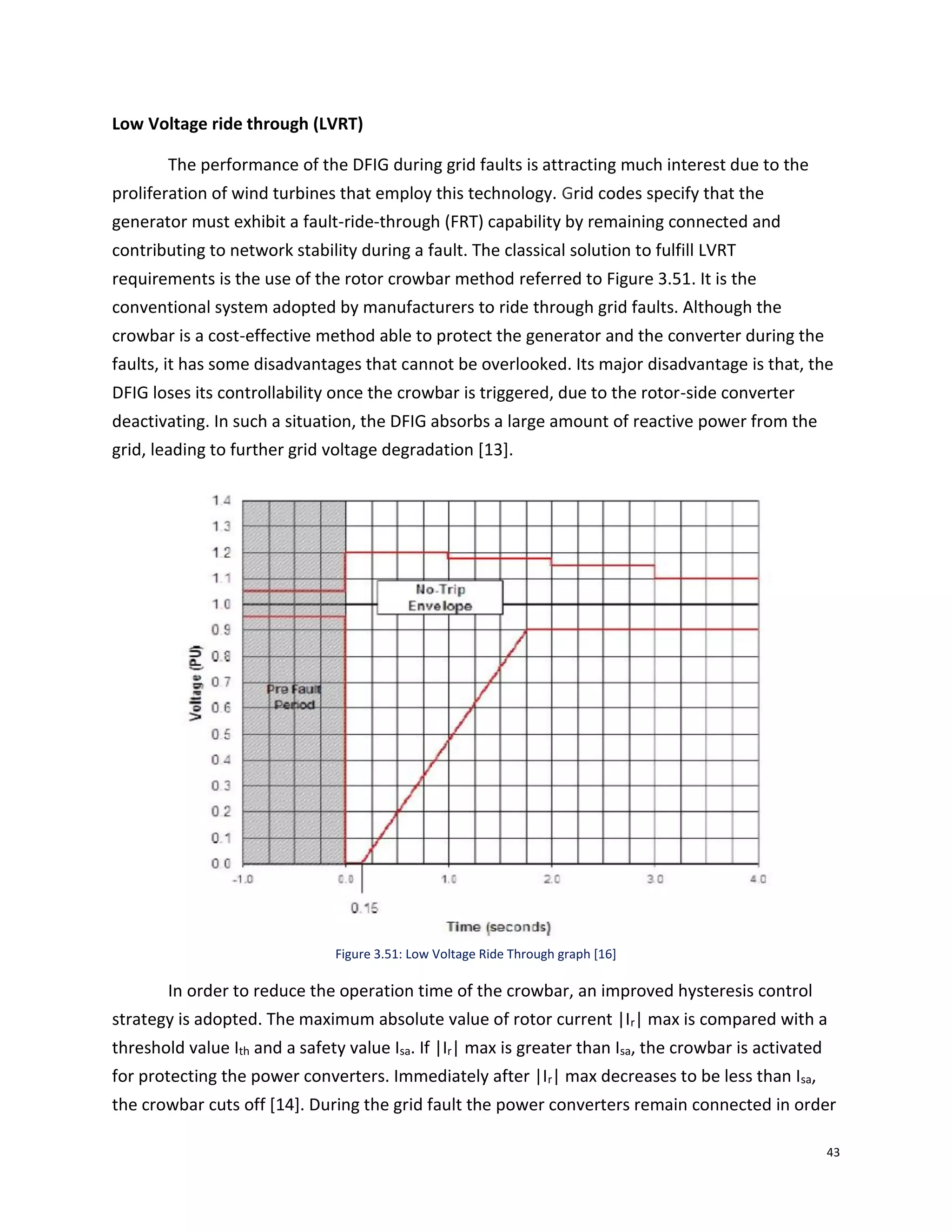 43
Low Voltage ride through (LVRT)
The performance of the DFIG during grid faults is attracting much interest due to the
proliferation of wind turbines that employ this technology. Grid codes specify that the
generator must exhibit a fault-ride-through (FRT) capability by remaining connected and
contributing to network stability during a fault. The classical solution to fulfill LVRT
requirements is the use of the rotor crowbar method referred to Figure 3.51. It is the
conventional system adopted by manufacturers to ride through grid faults. Although the
crowbar is a cost-effective method able to protect the generator and the converter during the
faults, it has some disadvantages that cannot be overlooked. Its major disadvantage is that, the
DFIG loses its controllability once the crowbar is triggered, due to the rotor-side converter
deactivating. In such a situation, the DFIG absorbs a large amount of reactive power from the
grid, leading to further grid voltage degradation [13].
Figure 3.51: Low Voltage Ride Through graph [16]
In order to reduce the operation time of the crowbar, an improved hysteresis control
strategy is adopted. The maximum absolute value of rotor current |Ir| max is compared with a
threshold value Ith and a safety value Isa. If |Ir| max is greater than Isa, the crowbar is activated
for protecting the power converters. Immediately after |Ir| max decreases to be less than Isa,
the crowbar cuts off [14]. During the grid fault the power converters remain connected in order
 