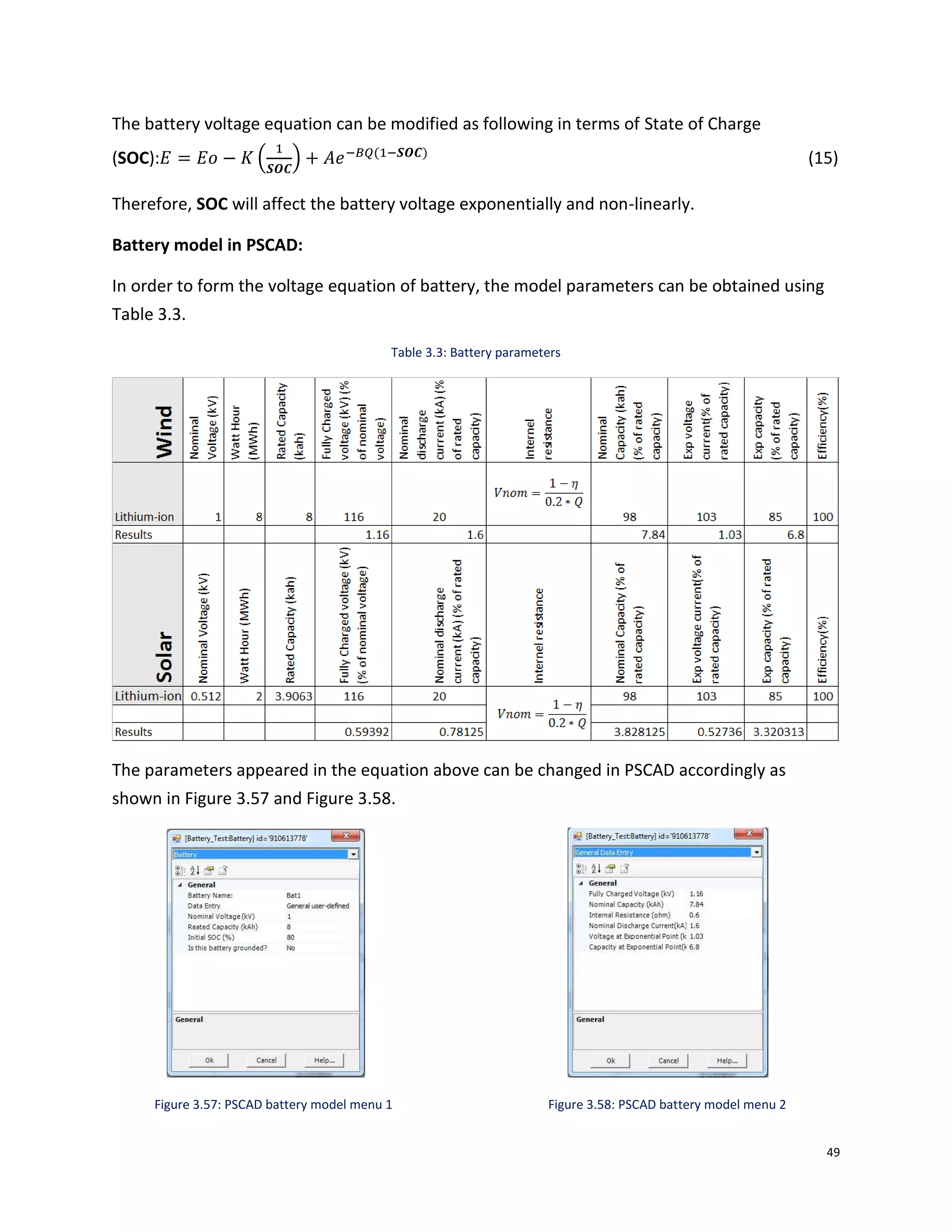 49
The battery voltage equation can be modified as following in terms of State of Charge
(SOC):𝐸 = 𝐸𝑜 − 𝐾 (
1
𝑺𝑶𝑪
) + 𝐴𝑒−𝐵𝑄(1−𝑺𝑶𝑪)
(15)
Therefore, SOC will affect the battery voltage exponentially and non-linearly.
Battery model in PSCAD:
In order to form the voltage equation of battery, the model parameters can be obtained using
Table 3.3.
Table 3.3: Battery parameters
The parameters appeared in the equation above can be changed in PSCAD accordingly as
shown in Figure 3.57 and Figure 3.58.
Figure 3.57: PSCAD battery model menu 1 Figure 3.58: PSCAD battery model menu 2
 