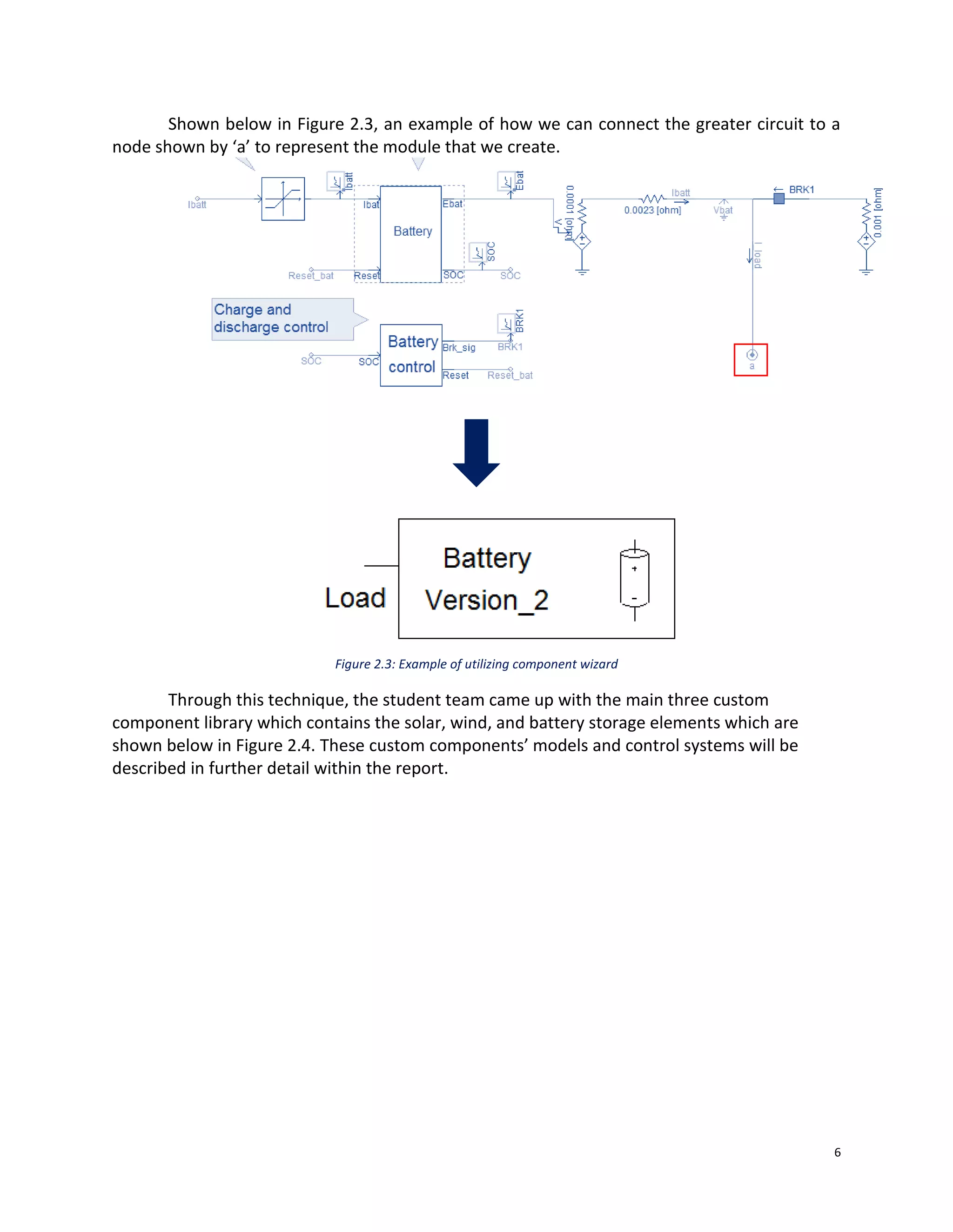 6
Shown below in Figure 2.3, an example of how we can connect the greater circuit to a
node shown by ‘a’ to represent the module that we create.
Figure 2.3: Example of utilizing component wizard
Through this technique, the student team came up with the main three custom
component library which contains the solar, wind, and battery storage elements which are
shown below in Figure 2.4. These custom components’ models and control systems will be
described in further detail within the report.
 