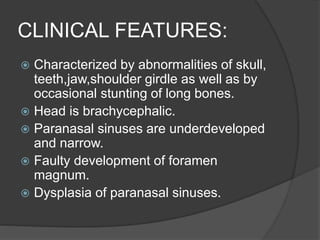 CLINICAL FEATURES:
 Characterized by abnormalities of skull,
teeth,jaw,shoulder girdle as well as by
occasional stunting of long bones.
 Head is brachycephalic.
 Paranasal sinuses are underdeveloped
and narrow.
 Faulty development of foramen
magnum.
 Dysplasia of paranasal sinuses.
 