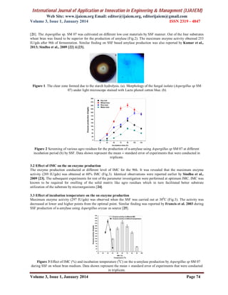 International Journal of Application or Innovation in Engineering & Management (IJAIEM)
Web Site: www.ijaiem.org Email: editor@ijaiem.org, editorijaiem@gmail.com
Volume 3, Issue 1, January 2014 ISSN 2319 - 4847
Volume 3, Issue 1, January 2014 Page 74
[21]. The Aspergillus sp. SM 07 was cultivated on different low cost materials by SSF manner. Out of the four substrates
wheat bran was found to be superior for the production of amylase (Fig.2). The maximum enzyme activity obtained 253
IU/gds after 96h of fermentation. Similar finding on SSF based amylase production was also reported by Kumar et al.,
2013; Sindhu et al., 2009 [22] &[23].
Figure 1. The clear zone formed due to the starch hydrolysis. (a). Morphology of the fungal isolate (Aspergillus sp SM
07) under light microscope stained with Lacto phenol cotton blue. (b)
Figure 2 Screening of various agro residues for the production of α-amylase using Aspergillus sp SM 07 at different
incubation period (h) by SSF. Data shown represent the mean ± standard error of experiments that were conducted in
triplicate.
3.2 Effect of IMC on the on enzyme production
The enzyme production conducted at different level of IMC for the 96h. It was revealed that the maximum enzyme
activity (289 IU/gds) was obtained at 60% IMC (Fig.3). Identical observations were reported earlier by Sindhu et al.,
2009 [23]. The subsequent experiments for rest of the parameter investigation were performed at optimum IMC. IMC was
known to be required for swelling of the solid matrix like agro residues which in turn facilitated better substrate
utilization of the substrate by microorganisms [24].
3.3 Effect of incubation temperature on the on enzyme production
Maximum enzyme activity (297 IU/gds) was observed when the SSF was carried out at 300
C (Fig.3). The activity was
decreased at lower and higher points from the optimal point. Similar finding was reported by Francis et al. 2003 during
SSF production of α-amylase using Aspergillus oryzae as source [25].
Figure 3 Effect of IMC (%) and incubation temperature (0
C) on the α-amylase production by Aspergillus sp SM 07
during SSF on wheat bran medium. Data shown represent the mean ± standard error of experiments that were conducted
in triplicate.
 