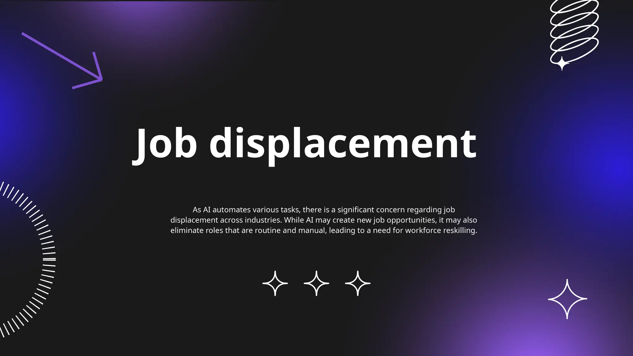 Job displacement
As AI automates various tasks, there is a significant concern regarding job
displacement across industries. While AI may create new job opportunities, it may also
eliminate roles that are routine and manual, leading to a need for workforce reskilling.
 