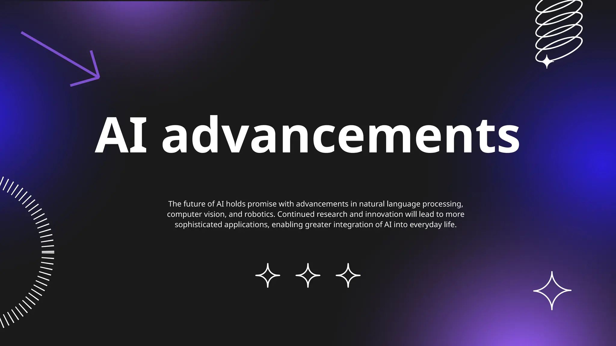 AI advancements
The future of AI holds promise with advancements in natural language processing,
computer vision, and robotics. Continued research and innovation will lead to more
sophisticated applications, enabling greater integration of AI into everyday life.
 