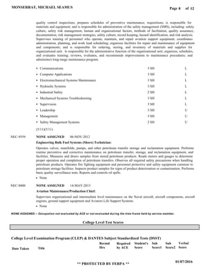 Page of8
01/07/2016
** PROTECTED BY FERPA **
MONSERRAT, MICHAEL SEAMUS 12
Date Taken
Required
by ACE
Student's
Score
Sub
Score1
Sub
Score2
Verbal
Score
College Level Examination Program (CLEP) & DANTES Subject Standardized Tests (DSST)
College Level Test Scores
Recmd
HrsTitle
NONE ASSIGNED -- Occupation not evaluated by ACE or not evaluated during the time frame held by service member.
Engineering Bulk Fuel Systems (Shore) Technician:
Aviation Maintenance/Production Chief:
NONE ASSIGNED
NONE ASSIGNED
NEC-9559
NEC-8800
quality control inspections; prepares schedules of preventive maintenance; requisitions; is responsible for
materials and equipment; and is responsible for administration of the safety management (SMS), including: safety
culture, safety risk management, human and organizational factors, methods of facilitation, quality assurance,
documentation, risk management strategies, safety culture, record keeping, hazard identification, and risk analysis.
Supervises training of personnel who operate, maintain, and repair aviation support equipment; coordinates
administration, planning, and work load scheduling; organizes facilities for repair and maintenance of equipment
and components; and is responsible for ordering, storing, and inventory of materials and supplies for
organizational unit. Is responsible for the administrative function of the organizational unit; organizes, schedules,
and evaluates training; reviews, evaluates, and recommends improvements to maintenance procedures; and
administers long-range maintenance program.
Operates valves, manifolds, pumps, and other petroleum transfer storage and reclamation equipment. Performs
routine preventive and corrective maintenance on petroleum transfer, storage, and reclamation equipment, and
facilities. Measures and draws samples from stored petroleum products. Reads meters and gauges to determine
proper operation and completion of petroleum transfers. Observes all required safety precautions when handling
petroleum products. Operates fire fighting equipment and personnel protective and safety equipment common to
petroleum storage facilities. Inspects product samples for signs of product deterioration or contamination. Performs
basic quality surveillance tests. Reports and controls oil spills.
Supervises organizational and intermediate level maintenance on the Naval aircraft, aircraft components, aircraft
engines, ground support equipment and Aviators Life Support Systems.
Communications
Computer Applications
Electromechanical Systems Maintenance
Hydraulic Systems
Industrial Safety
Mechanical Systems Troubleshooting
Supervision
Leadership
Management
Safety Management Systems
3 SH
3 SH
3 SH
3 SH
2 SH
3 SH
3 SH
3 SH
3 SH
2 SH
L
L
L
L
L
L
L
U
U
U
06-NOV-2012
14-MAY-2013
None
None
(5/11)(5/11)
 