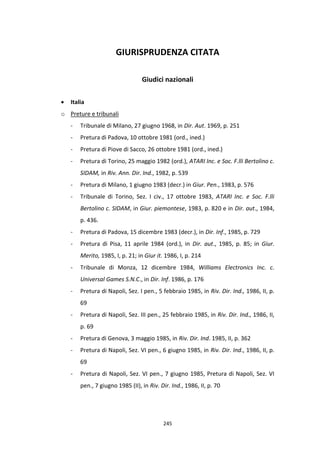 245
GIURISPRUDENZA CITATA
Giudici nazionali
 Italia
o Preture e tribunali
- Tribunale di Milano, 27 giugno 1968, in Dir. Aut. 1969, p. 251
- Pretura di Padova, 10 ottobre 1981 (ord., ined.)
- Pretura di Piove di Sacco, 26 ottobre 1981 (ord., ined.)
- Pretura di Torino, 25 maggio 1982 (ord.), ATARI Inc. e Soc. F.lli Bertolino c.
SIDAM, in Riv. Ann. Dir. Ind., 1982, p. 539
- Pretura di Milano, 1 giugno 1983 (decr.) in Giur. Pen., 1983, p. 576
- Tribunale di Torino, Sez. I civ., 17 ottobre 1983, ATARI Inc. e Soc. F.lli
Bertolino c. SIDAM, in Giur. piemontese, 1983, p. 820 e in Dir. aut., 1984,
p. 436.
- Pretura di Padova, 15 dicembre 1983 (decr.), in Dir. Inf., 1985, p. 729
- Pretura di Pisa, 11 aprile 1984 (ord.), in Dir. aut., 1985, p. 85; in Giur.
Merito, 1985, I, p. 21; in Giur it. 1986, I, p. 214
- Tribunale di Monza, 12 dicembre 1984, Williams Electronics Inc. c.
Universal Games S.N.C., in Dir. Inf. 1986, p. 176
- Pretura di Napoli, Sez. I pen., 5 febbraio 1985, in Riv. Dir. Ind., 1986, II, p.
69
- Pretura di Napoli, Sez. III pen., 25 febbraio 1985, in Riv. Dir. Ind., 1986, II,
p. 69
- Pretura di Genova, 3 maggio 1985, in Riv. Dir. Ind. 1985, II, p. 362
- Pretura di Napoli, Sez. VI pen., 6 giugno 1985, in Riv. Dir. Ind., 1986, II, p.
69
- Pretura di Napoli, Sez. VI pen., 7 giugno 1985, Pretura di Napoli, Sez. VI
pen., 7 giugno 1985 (II), in Riv. Dir. Ind., 1986, II, p. 70
 