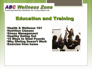 EEdduuccaattiioonn aanndd TTrraaiinniinngg 
•HHeeaalltthh && WWeellllnneessss 110011 
•NNuuttrriittiioonn CCllaasssseess 
•SSttrreessss MMaannaaggeemmeenntt 
•HHeeaalltthhyy EEaattiinngg OOuutt 
•1155 WWaayyss ttoo SShheedd PPoouunnddss 
•WWhhyy DDiieettiinngg DDooeessnn’’tt WWoorrkk 
•EExxeerrcciissee ffrroomm hhoommee 
 
