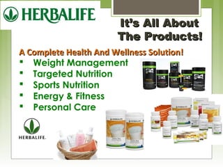 IItt’’ss AAllll AAbboouutt 
TThhee PPrroodduuccttss!! 
AA CCoommpplleettee HHeeaalltthh AAnndd WWeellllnneessss SSoolluuttiioonn!! 
 Weight Management 
 Targeted Nutrition 
 Sports Nutrition 
 Energy & Fitness 
 Personal Care 
 