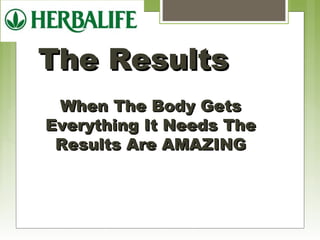TThhee RReessuullttss 
WWhheenn TThhee BBooddyy GGeettss 
EEvveerryytthhiinngg IItt NNeeeeddss TThhee 
RReessuullttss AArree AAMMAAZZIINNGG 
 
