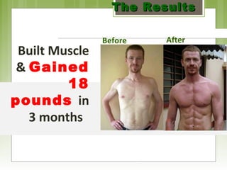 Built Muscle 
& Gained 
18 
pounds in 
3 months 
TThhee RReessuullttss 
Before After 
 