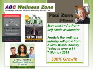 PPaauull ZZaannee 
PPiillzzeerr 
Economist – Author – 
Self Made Millionaire 
Predicts the wellness 
industry will grow from 
a $200 Billion industry 
Today to over a $1 
Trillion by 2015 
500% Growth 
 