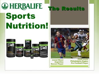 TThhee RReessuullttss 
Sports 
Nutrition! 
Chad Lewis 
Philadelphia Eagles 
Pro Football Player 
Lionel Messi 
Argentina 
Soccer Player 
 