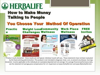 HHooww ttoo MMaakkee MMoonneeyy 
TTaallkkiinngg ttoo PPeeooppllee 
You Choose Your MMeetthhoodd OOff OOppeerraattiioonn 
Community 
Wellness 
Weight Loss 
Challenges 
Work Place 
Wellness 
Practic 
e 
Profiles 
FREE 
Invites 
*Product results disclaimer: these results are not typical, individual results will vary. These statements have not been evaluated 
by the food and drug administration. This product is not intended to diagnose, treat, cure, or prevent any disease. Earnings 
disclaimer: income applicable to the individuals (or examples) depicted and not average. For average financial performance data, 
see the statement of average gross compensation for U.S. Supervisors at www.Herbalife.Com and www.Myherbalife.Com 
 