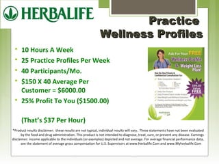 WWeellllnneessss PPrrooffiilleess 
 10 Hours A Week 
 25 Practice Profiles Per Week 
 40 Participants/Mo. 
 $150 X 40 Average Per 
Customer = $6000.00 
 25% Profit To You ($1500.00) 
(That’s $37 Per Hour) 
PPrraaccttiiccee 
*Product results disclaimer: these results are not typical, individual results will vary. These statements have not been evaluated 
by the food and drug administration. This product is not intended to diagnose, treat, cure, or prevent any disease. Earnings 
disclaimer: income applicable to the individuals (or examples) depicted and not average. For average financial performance data, 
see the statement of average gross compensation for U.S. Supervisors at www.Herbalife.Com and www.Myherbalife.Com 
 