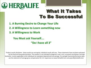 WWhhaatt IItt TTaakkeess 
TToo BBee SSuucccceessssffuull 
1. A Burning Desire to Change Your Life 
2. A Willingness to Learn something new 
3. A Willingness to Work 
You Must ask Yourself…. 
“Do I have all 3” 
Product results disclaimer: these results are not typical, individual results will vary. These statements have not been evaluated 
by the food and drug administration. This product is not intended to diagnose, treat, cure, or prevent any disease. Earnings 
disclaimer: income applicable to the individuals (or examples) depicted and not average. For average financial performance data, 
see the statement of average gross compensation for U.S. Supervisors at www.Herbalife.Com and www.Myherbalife.Com 
 