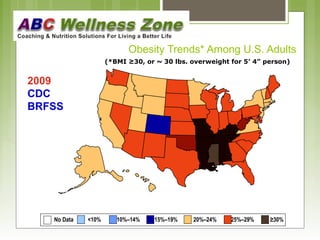 Obesity Trends* Among U.S. Adults 
(*BMI ≥30, or ~ 30 lbs. overweight for 5’ 4” person) 
2009 
CDC 
BRFSS 
No Data <10% 10%–14% 15%–19% 20%–24% 25%–29% ≥30% 
 