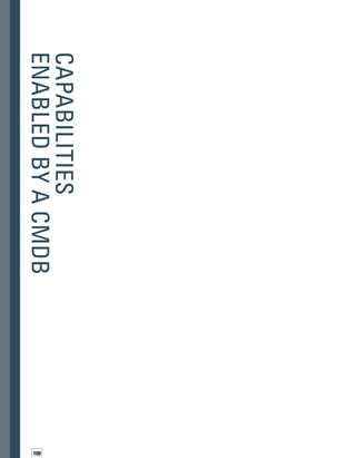 101
Section 2  Capabilities enabled by A CMDB
“To provide real value in managing
a changing infrastructure, you must identify
the interdepencies between components.”
—	Hans-Heinz Wisotzky, MATERNA GmbH
Information  Communications
“The configuration management
process and the CMDB together create
the foundation where components,
systems, and configurations are brought
together and understood.”
—	Perry Sellars, Strategic Technologies
“The federated approach allows you
to store a subset of critical data for all
processes in the CMDB with “pointers”
to data stores for less critical information.”
—	Julie Manis, Accenture
“Implementing a CMDB along with an
integrated set of tools provides companies
a competitive advantage that enables IT
organizations to not only respond to the
needs of the business, but to proactively
support the business.”
—	Kia Behnia, BMC Software
“Integrating the CMDB with sources
of identity information enables you
to include in the CMDB information
about the relationships of people to
the IT infrastructure.”
—	Ahmad Abdel-Wahed, Microsoft, 	
and Bob Worner, BMC Software
“When information is federated between
a centralized CMDB and various other
applications that help you manage
functional processes, the consumers
and users of vast quantities of data are
brought together.”
—	Kevin Behr, Gene Kim, and George Spafford,
IT Process Institute
“Implementing an integrated service
management tool supported by a CMDB
is a critical success factor in supporting an
effective IT service management initiative.”
—	Troy DuMoulin, Pink Elephant
“Integrating network configuration
management information into your CMDB
will help you integrate the network layer
into your overall IT service model and better
align IT service delivery to business needs.”
—	Jeff Gibson, Voyence
“The CMDB should include data about
the relationship of an event to the business
customers who rely on a service, as well
as the relationship of an event to the
personnel required to resolve it.”
—	Troy McAlpin, Invoq Systems
“By having business processes defined
in the CMDB, the IT organization will
now have increased visibility into
the business.”
—	Devesh Sharma, Oracle
142
108 150
124
116
128
134
156
160
102
 