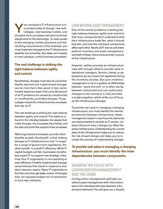 105
focused picture of the operating state of
components. Configuration management is
concerned with the target status of the IT
infrastructure. It also forms an important
interface for all IT service processes within
the relevant frameworks, such as the IT
Infrastructure Library (ITIL®
).
The key element behind configuration mana-
agement is the configuration management
database (CMDB), a repository that ideally
mirrors the actual current target situation of
the IT infrastructure. In many companies,
confusion exists when configuration managem-
ment and asset management are not clearly
separated from each other.These companies
operate configuration management solely on
the basis of data from asset management —
which is not a particularly healthy situation.
For example, if you are implementing ITIL
best practices, you can use asset management
data as a starting point for configuration
management, but you can’t simply take asset
management data and use it for configurat-
tion management.
Understanding the current state of the
infrastructure helps you to reduce the risk
of each change and helps you to increase
the success of implementing changes.
Similarly, the real value of the CMDB emerges
when it is seen as a resource for IT service
management. In fact, all IT service processes
described in ITIL can benefit from the CMDB,
including change management. Not only are
the individual configuration items (CIs) maint-
tained in the CMDB, but so are their status and
relationship to other CIs.
With a CMDB, you can completely assess
the results of any upcoming changes: which
components will be influenced by a change,
which connections have to be taken into cons-
sideration, and which business processes
are affected.
Compose a Clear Picture with
Change Management
Every step in a change request can and should
be closely interconnected with the underlying
CMDB. Ideally, as soon as a request for change
(RFC) is received in the change management
process, it should be analyzed with information
about the CI in the CMDB to get an immediate
view as to whether the change is feasible.
During prioritization, planning, and implem-
mentation of RFCs, the logical target status
description supplies valuable data for decision-
making, as well. By using the CI relationships
that are mapped there, you can recognize
potential problems or conflicts early in every
project phase, well before there are effects
on productive systems, and thus, on users’
work processes.
This early identification provides you an
excellent method of keeping service quality
at a high level for the customer.The benefits
are obvious:You avoid failures due to unsucc-
cessful changes, and you simultaneously
reduce the time from RFC submission to
 
