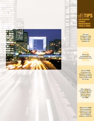 108
The CMDB is more than a static repository
of information. It is an integral part of the
configuration management (CM) process,
providing the foundation for other IT processes
that enable the delivery of business services.
When you start your CMDB project, make
sure CM is part of the equation.
Remember
By Perry Sellars
“CM”
in CMDB
the
 