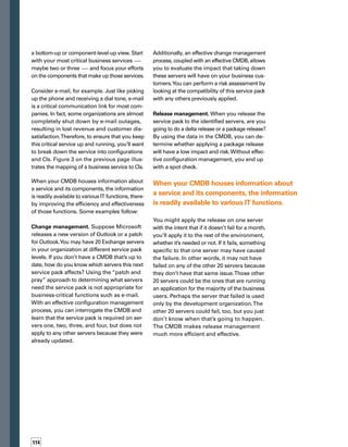 5tips
for ensuring 
cm is part of 
your cmdb
Incident management. If the server goes down
and Outlook fails, your incident management
process identifies the failing CIs. A customer
can open an incident with the service desk.
You know an Exchange server went down, but
you can’t tell which one.You identify a patch
to resolve the problem. Again, how do you
determine which servers this patch applies to?
Do you apply it just to the one that’s down?
Or do you interrogate the CMDB so you can
apply the patch to other servers that haven’t
failed yet, allowing you to proactively take
care of this incident and keep another failure
from occurring?
If you have used a CMDB to identify and control
what version of Outlook you’re running, you
have the information at your fingertips.You
don’t need to physically check every server.
That easily leads you to a request for change:
You need to apply service pack ABC to servers
one, two, three, four, and five.
Continuity management. Suppose a company
has a business continuity plan that lets the IT
team move their operations from point A to
point B, but they can’t move the connection
to their customers from point A to point B. If
a disaster occurred, their customers would not
be able to connect to the alternate site. How
would business continue in this case?
The configuration management
process and the CMDB together
create the foundation where com-
ponents, systems, and configurations
are brought together and understood.
An effective configuration management process
will help identify such gaps.When approaching
service continuity management, first identify
your business services, breaking them down
into IT environments or configurations.These
can then be further divided into components
or configuration items. Is this starting to
sound familiar?
If the company in this example had an effective
configuration management process, it
would have identified the users of that service.
Then it would have identified the infras-
structure that provides user connectivity for
that service and noticed that it was missing
from the service continuity plan.
CMDB Sets Foundation
for Knowledge
The configuration management process and the
CMDB together create the foundation where
components, systems, and configurations are
brought together and understood. As a result,
IT knows the pertinent details about each CI
important to a particular service provided to
the business. Such knowledge enables you
to more efficiently and effectively provide IT
service support and IT service delivery.You can
save time and money, and focus on new strat-
tegic initiatives that facilitate business services. n
Perry Sellars, a consultant with
Strategic Technologies, is a publ­
lished author, featured speaker,
ITIL Certified Master, and an ISEB
accreditedITILtutor.Hehas23years
of experience in IT, system, and
networkmanagement,andhascond­
ducted ITIL maturity assessments
and implementation consulting
for customers since 1996. Perry may be contacted at
perry.sellars@stratech.com.
ABOUT THE AUTHOR
Establish the
vision — why the
organization is
making a commitm-
ment to service
management.
Start with the
service and identify
the infrastructure
components or CIs
that are part of
the service.
Record and maintain
only authorized
and identifiable
CIs in the CMDB.
Track changes
to CIs and make
sure records
are traceable.
Review CI data in the
CMDB and verify
effectiveness of
the configuration
management proc-
cess responsible
for maintaining
accurate data.
 
