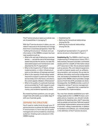 12
An important aspect of the CMDB
is that it provides a single source of
truth that all ITIL processes can share.
One way to incorporate people into the struc­
ture is to create CIs that define human roles
in the delivery of IT services — for example,
an application support group that provides
second-level support for a particular set of
applications. Including people in the structure
delivers real business value because it provides
better visibility into costs.This enables you to
calculate the total cost of providing a particular
business service, including not only the acquis-
sition and implementation of technical assets
that provide the service, but also the costs
associated with maintaining those assets and
supporting the people who use the service.
Another distinct entity that you must account
for in the structure is an event, such as a service
failure or scheduled maintenance. Events can
be represented by service records that are es­
tablished as CIs.The service records not only
specify events but also tie the events to specific
IT technology assets, permitting you to examine
such factors as service quality over time.
Establishing hierarchical relationships. Once
the CIs have been established, you can group
them by their hierarchical relationships.You
can use hierarchical relationships to describe
the decomposition of an aggregate into its
subsets.Take care in determining the degree of
granularity here.Too much granularity creates
unnecessary data volume and complexity,
hampering analysis.Too little granularity limits
the scope of analysis.
Any given service can include the following
technical elements:
Platform and platform devices
Software
Database



Figure 1. IT Service Structure
One way to incorporate people into the structure
is to create CIs that define human roles in the
delivery of IT services.
Connected to
Uses/UsedBy
Used By
Uses
Uses/UsedBy
Connected to
Runs on (Installed on) Runs (Contains)
Runs (Contains)
Member of / Consists of Member of / Consists of
Governs Governs Governs Governed by
Connectedto
DataExchange
Creates
Datafeed
Receives
Datafeed
Backsup/Backedupby
Connectedto
Uses/UsedBy
Runson/Runs
System
Name: xyz
SERVICE
Technology
Name:
[System] +
Technology
SYSTEM
TECHNOLOGY
PLATFORM DEVICE PLATFORM NETWORK DEVICE SOFTWARE DOCUMENTNETWORK
Image
SOFTWARE DATABASE FACILITY
TECHNOLOGY TECHNOLOGY TECHNOLOGY
Software
Name:
[System] +
Software
TECHNOLOGY
Database
Name:
[System] +
Database
TECHNOLOGY
Document
Name:
[System] +
Document
TECHNOLOGY
Facility
Name:
[System] +
Facility
TECHNOLOGY
LogicalCIs
SubsystemsSystemsServices
Physical/VirtualCIs
 
