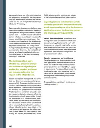 133
of Leveraging Identity 	
Information Through 	
the CMDB
5BENEFITSAhmad Abdel-Wahed is a program manager in the
Microsoft Identity and Access Management group.
Ahmad is a longtime Microsoft ve­teran who has a
great deal of indus­try experience.
ABOUT THE AUTHORS
Bob Worner is the director of
SolutionLineManagement,Identity
Management Business Unit, for
BMCSoftware.Withmorethan20
years of experience in software
architecture, design, and developm­
ment, Bob is responsible for long-
term market analysis and business
development of BMC Software’s
identity management product solutions.
You can include in the CMDB
information about the relationships
of people to the IT infrastructure.
You can manage user access
from a single point, enabling more
effective access control and greater
agility in accommodating change.
You can better manage changes,
because the change management
team can determine which users
will be affected by a planned change
and communicate with them
throughout the change process.
You can increase the efficiency
and speed of incident resolution,
because the service desk can det-
termine which support engineers
support which IT assets.
You can establish meaningful
service level agreements and
determine capacity requirements,
because you can know which
users are associated with which
applications and assets.
 