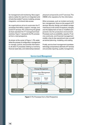 147
and relationship management between the
business and the IT organization.
From a tool perspective, the relationships bet-
tween the ITIL processes require condominium-
like connectivity as opposed to island-based
point solutions that focus on a single technical
domain.The concept of an integrated best pract-
tice framework, such as ITIL, takes on a whole
new meaning when considering the implications
on the underlying automating technologies.
The benefits of a condominium model can be
especially appealing to an organization sensit-
tive to cost and risk:
The shared facilities and infrastructure of
the condominium can be funded by the
consolidation of multiple island groups.
This will allow the condominium association
to focus on and fund specialized projects
around accessibility, high-speed transport-
tation, and the look and feel of the resort.
Communication and possible evacuation
and recovery become much more managea-
able when the data owners all live under
one roof.
By taking potential changes to the condom-
minium association board for voting and
approval (the change management process),
it is well understood how each proposed
change will affect the community as a whole.
The condominium association will have
a better understanding of the cost struct-
tures, making condominium fees much
easier to define.
And, most importantly, a beautiful central
foyer with a directory (service catalog)
provides a single entrance for visitors
who wish to engage with the individual
condominium owners.





 