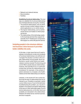 14
Categorization enables you to deal with the
volume and complexity of relationships and
present data in a straightforward, understanda-
able manner.You only look at the relationship
types that are of interest to you.To categorize
relationships by type, you need an IT service
structure that provides a formal method to
define and name relationship types. For exa-
ample, the term “runs on” may be established
to define a type of relationship between an
application and a server. Conversely, the term
“run” defines the relationship between a server
and an application.
The Payoff
With the IT service structure defined and maint-
tained in the CMDB, you have a comprehensive,
manageable, and easily accessible source of
information about IT resources, which creates
more efficient and effective IT processes.The
service structure provides a “book of record”
of all dependencies.That enables a real unders-
standing of the picture of the IT systems as
a whole.With that information, the possibilities
of improving basic IT functions are exciting,
and they are virtually limitless. Here are just
a few examples of how you can use the IT
service structure to improve existing processes
and functions:
Service costing — It is nearly impossible to
determine the cost of services if you can’t
roll up the costs of underlying IT compon-
nents related to particular services. With
a service structure, you can calculate the
total cost of delivering a particular service
that IT provides, including not only the ope­
rating cost of the technology assets, but
also the associated maintenance and support
costs as indicated by the service records.
Service restoration — When a server fails,
restoration of service is difficult unless you


know what infrastructure components are
dependent on that server. With a service
structure, you can determine all business
services supported by the server and quickly
notify the users affected by the problem,
informing them of any known workarounds
and advising them of what to expect in
terms of problem resolution.
Incident management — Incident managem-
ment often becomes complicated when
multiple incidents simultaneously are subm-
mitted to the service desk. With a service
structure, you can quickly and easily prio­
ritize responses based on business impact,
facilitating the most efficient use of limited
IT resources.
Problem management — Without a service
structure, much of your time spent on probl-
lem management is determining the cause
of the failure. With a service structure in
place, you can quickly determine which
systems are impacted, along with any
recent changes to all related systems, signi­
ficantly reducing the time spent on root
cause analysis.
Change impact management — Change
impact management is most effective
when it includes analysis of the impact
of a change on upstream and downstream
systems.With a service structure in place,
you can easily analyze each change request
to identify the business systems that will be
affected by a planned infrastructure change,
ensuring that you can execute the change
with minimal or no business disruption.
With a service structure, you can quickly
and easily prioritize responses based on
business impact.



 