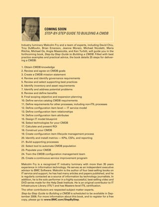 CMDB
Business
Value
A Planning
Checklist
for CMDB
Success
Demystifying
Conﬁguration
Items
Implementing a
CMDB-based
IT Service
Structure
6Tips for
Managing the
“People” Factor
Published by
BMC Software
Published by
BMC Software
A Compilation of Articles by Industry ExpertsA Compilation of Articles by Industry Experts
VIEWPOINTFocuson:CMDBLeadershipVOLUMETWO
About BMC Software
BMC Software helps IT organizations drive greater
business value through better management of
technology. Our industry-leading Business Service
Management solutions ensure that everything IT
doesisprioritized according to business impact, so
IT can proactively address business requirements
to lower costs, drive revenue and mitigate risk.
BMC solutions share BMC Atrium™ technologies
to enable IT to manage across the complexity of
diverse systems and processes — from mainframe
to distributed, databases to applications, service
to security. Founded in 1980, BMC has ofﬁces
worldwide and ﬁscal 2005 revenues of more than
$1.46 billion. BMC Software. Activate your business
with the power of IT. For more information, visit
www.bmc.com.
This publication was created by BMC Software.
Focus on CMDB LeadershipFocus on CMDB Leadership
 