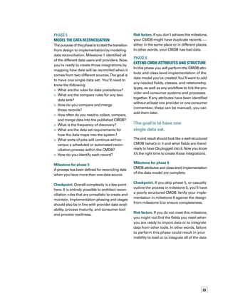 34
Phase 7	
Migrate and Convert Data 
This phase has two purposes: to conduct one-
time loads of data into the CMDB from your
legacy sources, and to create the integrations
you’ve prioritized. Make sure you include cons-
sumers’ integrations.Also, don’t forget to create
any federated links. If you have data that is not
stored in the CMDB, but would be referenced,
you’ll need to create those links.
You can perform both phase 7 and phase 8
iteratively when you start an integration, by
creating the reconciliation rules for the data
source and then executing them.
Milestone for phase 7
Data is migrated and converted and integrat-
tions are created.
Checkpoint.Training, testing, and user accept-
tance will reveal whether you have successf-
fully accomplished this milestone. Failure to
complete testing and training will lead to poor
acceptance of the CMDB as it is deployed.
Risk factors. If you don’t complete this phase,
you’ll have an empty or an incomplete CMDB.
Phase 8	
Deploy the CMDB
The purpose of this phase is to complete all of
the activities needed to get your system ready
for production.This includes the following:
Test the system and user acceptance
in preproduction.
Migrate any preproduction systems to full
production systems.
Train personnel to use the CMDB.
Inform key audiences about the CMDB.
Test all integrations.
Validate that everyone knows how to use
the CMDB.
If people don’t know how to use the CMDB,
then its value goes untapped and the
organization gets shortchanged.
Before you go into production, you might
want to have several iterations where you
import other data feeds or data sources, test
them, and deploy them.






 