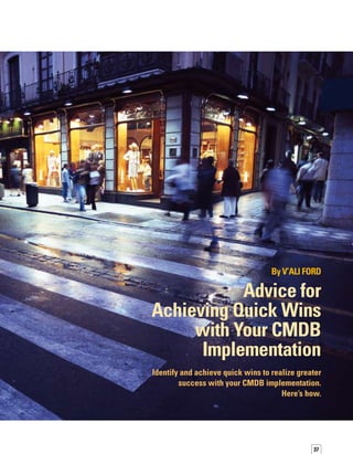 38
Your most mature method might be a discovery
tool. Or, you might have a well-defined manual
auditing process, where you walk the floors
to take an inventory of your assets.Whatever
your most mature method is, start there.
Define a List of I.T. Services
In addition to identifying your most mature
data collection method, create a service catal-
log, or list of services that IT provides to end
users. Creating the service catalog is critical,
because it allows you to go to the business
stakeholders to determine the services that
the business sees IT providing for them.
For example, the service could be the ability
to take online orders or the capability to prov-
vide outstanding customer service through
a customer support application that is always
available. It might also be access to the Intern-
net, network services, or printing services.
Once you know what services IT provides to
the business, you’ll usually have a good idea
of what you’ll need to build, as well as the CI
information you’ll need to gather to populate
the CMDB.
Focus on a Well-Defined
Service That I.T. Provides
to the Business
If you already have a service catalog, determine
the business service that has the most well-
defined processes. Some organizations decide
to start with their pain points. However, we’ve
found that in many cases, the areas with major
pain points usually lack a sound process to
gather the necessary information to populate
the CMDB.You would need to engineer a new
process and then collect the data to populate
the CMDB, and this would result in a longer
time frame for implementation.
To achieve a quick win, start where the proc-
cesses are already defined. If the processes
are defined and you’re already collecting the
data, then that can lead to an even quicker win.
You can demonstrate the power of the CMDB
with this quick win, and at the same time, you
can use your initial success to begin to address
one of the processes that has pain points.
Create a Topology Tree for
Each Service Catalog Item
After you define your list of services and
populate your most mature data into the
CMDB, you can identify the CIs that support
each service that IT provides to the business.
Add the application databases that reside on
those CIs, and on top of that, add the service.
Eventually, you will have a full topology tree,
so you’ll be able to see the assets that support
each service catalog item.
To achieve a quick win, start where the
processes are already defined.
Typically, your most mature method of gathe-
ering data covers an entire asset class, so you’re
probably discovering a large majority of a
system, such as desktops or servers. In some
cases, your topology representation might
need to have a generic item that represents
the network infrastructure, for example. At
least you’ll have a placeholder, so you know
that you will need a discovery method to fill
in the unknown cloud of network services,
including routers, switches, hubs, Ethernet
cables — everything that makes up that netw-
work infrastructure.The key is gathering that
information, developing the service catalog,
and then filling in the unknown areas on the
topology tree.
Keep in mind that today, discovery tools are
best suited to identify the assets that support
the services that IT provides to the business.
You should have discussions with the business
stakeholders to define the services themselves
and the assets that support those services. In the
future, I expect that discovery solutions will be
enhanced to provide service discovery as well.
 