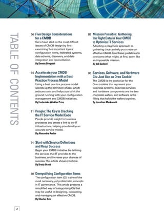 56	 FiveDesignConsiderations 	
for a CMDB
Get a head start on the most difficult
issues of CMDB design by first
examining five important topics:
configuration items, federated systems,
data schema, discovery, and data
integration and reconciliation.
By Dennis Drogseth
64	 AccelerateyourCMDB
Implementation with a Best
Practice Process Model
Using a best practice process model
speeds up the definition phase, which
reduces costs and helps you to hit the
ground running with your configuration
management and CMDB initiatives.
By Frederieke Winkler Prins
71	 People:TheKeytoCracking 	
the IT Service Model Code
People provide insight to business
processes and create a link to the IT
infrastructure, helping you develop an
accurate service model.
By Alexandre Avelar
74	 StartwithServiceDefinitions 	
and Reap Success
Begin your CMDB initiative by defining
the services that IT provides to the
business, and increase your chances of
success.This article shows you how.
By Brady Orand
80	 DemystifyingConfiguration Items
The configuration item (CI) is one of the
most necessary, yet problematic, concepts
in IT governance. This article presents a
simplified way of categorizing CIs that
may be useful in designing, populating,
and managing an effective CMDB.
By Charles Betz
88	 MissionPossible:  Gathering 	
the Right Data in Your CMDB 	
to Optimize IT Services
Adopting a pragmatic approach to
gathering data can help you create an
effective CMDB. Use these guidelines to
overcome what might, at first, seem like
an impossible mission.
By Val Sanford
96	 Services,Software,andHardware
CIs: Just like an Oreo Cookie!
The CMDB is the cookie jar for the
Oreo cookies that represent your
business systems. Business services
and hardware components are the two
chocolate wafers, and software is the
filling that holds the wafers together.
By Jonathan Markworth
tableofcontents
 