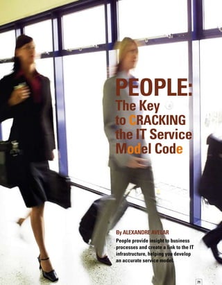 72
M
apping IT service models for your
configuration management datab-
base (CMDB) may seem like a diff-
ficult code to crack at first. Automated tools
can facilitate collection of some of the inform-
mation you need about the IT infrastructure,
so you can build service models. Nonethel-
less, it is the people in your enterprise that
are the key to creating business relevance
and cracking the service model code.
In a technology implementation, it’s somet-
times easy to get caught up with just that —
the technology. However, in defining a service
model, you also need the insights of experts
and specialists from across the company who
understand how the business process works
and can create a link back to the IT infrastruct-
ture. In essence, people can help you decode
the IT service model puzzle and ensure that
the model you create accurately represents
the final process you want to implement.
To effectively gather information from a variety
of people and groups, you will want to create
a collaborative working environment. In addit-
tion, you’ll need to ensure that your methodo-
ology respects people’s other priorities and
time commitments. In short, strive to get as
much information as possible, in as little time
as possible, so you don’t unduly interfere with
people’s normal work activities.
Collecting information
If you are responsible for managing a CMDB
project at your organization, your job is to
collect the insights and knowledge of all groups
that will use and benefit from the CMDB.
Then, you must use this information to:
	 Create an accurate model of configuration
item (CI) dependencies and information
linkages throughout the IT infrastructure,
systems, and applications, and the busin-
ness processes they support
	 Facilitate collaboration among business
users and IT professionals
	 Allow immediate visibility of information
workflow paths, CIs involved, conflicts,
omissions, and weak points
As you go through the process of creating
a service model, you need to encourage user
participation and capture detailed process
knowledge that will help establish a common
language and unrestricted collaboration.
Through ongoing dialog with all stakeholders,
you can uncover real or perceived discrepancies
and misconceptions in the current workflow
model, and drive a heightened degree of
common understanding among the process
stakeholders.What’s more, you can create an
opportunity for making the workflow more
efficient and secure.
The people in your enterprise that are the key
to creating business relevance and cracking the
service model code.
As you create your model, intensive revision
and reiteration will be required to identify all
the right elements, attributes, and relationships,
and to position them correctly in the service
workflow chain.The complexity of most IT
service models — from basic infrastructure
to systems, databases, applications, services,
users, and finally, to lines of business —
requires constant change in the mapping
process, until you have a final model that
satisfies all stakeholders.
SOLVING THE PUZZLE:
Focus on the SErvice
CSC BRASIL recently mapped service models
for a telecommunications company.The first
business process we tackled was billing.There
are many aspects to billing, so we divided billing
into several subprocesses and started with the
prepay subprocess. Even this one aspect has
many facets, including multiple entry points,
varying cycles, and links to many applications
and databases.
 