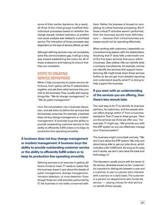78
Finally, we ask the executive team to identify
the top three or top five services that support
or enable their business strategy.
After focusing on the list of services — ident-
tifying the services IT is offering and the cust-
tomers it is serving — it becomes obvious to
the people involved what the next steps are.
Elements of a
Service Definition
A simple service definition might include
the following:
	 Name
	 Description
	 Customer
	 User
5 Business Services
In most businesses, five basic services
are being provided:
	 Manufacturing — The process
used to create the product or service
offered to the end customer
	 Sales —The functions used
to find and close business
	 Order fulfillment — The process
used to deliver the product or
service to the paying customer
	 Product support — The functions
that make sure customers use
the product and receive value
	 Administration — Back-office
functions, such as human resour­ces,
payroll, and finance, that keep a
company running and executives
out of jail
Service Customers
Service Users
Business
Service Publication
Communication
Delivery of Services
Support of Services
Service Definition
Service Modeling
Service Desk
FulfillmentSales SupportProductAdministration
Service Catalog
Supporting ITIL Processes
Configuration Management DatabaseCMDB
Start with a critical business service and then
build out the service model or the dependencies
within the CMDB that go behind that service.
Figure 1. Foundations of Service
 