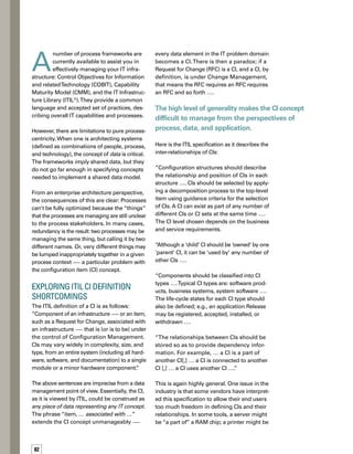 83
“connected to” a data model — connections
that obviously do not make logical sense.
The high level of generality makes the CI
concept difficult to manage from the pers-
spectives of process, data, and application.
More rigor is necessary. This analysis
refines the ITIL represen­tation and makes
it more specific by applying data modeling
(metamodeling) principles.
A Finer Point on CIs
I believe a better definition of a CI itself is quite
simply “A managed, specific object or element
in the IT environment.” A CI, by definition, is
under change control. A CI’s lifecycle, while it
may have stages, is also typically undefined in
terms of time — unlike a Project or Incident,
which are managed primarily in terms of progr-
ress through their lifecycles and ultimate closure.
Servers and applications can have Incidents
and Known Errors – but can a Contract?
That means that certain things are not CIs,
for example:
	 Events
	 Incidents
	 Requests for change
	 Projects
	 CI records (the representation is not
the object)
CIs should always be specific.“Oracle Financials,”
if present in the environment, would be a logical
CI, containing and using many physical CIs (e.g.,
software components and datastores). A Generi-
ic “Human Resource ManagementApplication”
as a reference category would not be a CI.
Figure 1. Detailed Configuration Item Taxonomy
Conceptual Model Inheritance
 