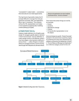 84
CIs have subtypes, and those subtypes in
turn can have subtypes. Figure 1 illustrates
one representation.
The major types of CIs are:
	 Base CI
	 Operational CI
	 Production CI
They are “nested,” which means that an Operat-
tional CI is also a base CI, and a Production CI
is also an Operational CI as well as a base CI
(Figure 2).
Configuration Item
Conceptual Model CI Subtypes
Operational CI
Production CI
Figure 2. CI Subtypes
Subtyping is often over-applied. An important
reason to subtype (in conceptual modeling) is
if a subtype can have a relationship in which the
parent does not participate. Figure 3 shows this
clearly: A Change can apply to any CI or subt-
type, a Measurement Definition can apply to an
Operational CI or a Production CI, and an Event
can only be associated with a Production CI.
These major types of CIs and their allowable
relationships are shown in Figure 4.
This is a simplified representation compared
to some industry standards; it is a conceptual
model seeking to concisely cover a broad
spectrum of IT concerns. It’s primarily about
refining language and concepts.The goal is not
technical precision, but rather resonance with
common industry usages, which overlap and
are not well delineated. It’s an attempt to push
common usage towards more rigor. It also
deliberately omits a number of technical asp-
pects that would ultimately be necessary to
realize a solution.
Note that there are other representations of
IT data, such as standards from the Object
Management Group (OMG), Distributed
ManagementTask Force (DMTF), andTele-
Management Forum (TMF).This article
represents a much simpler framework as
compared to these highly complex standards.
Types of Configuration Items
The base CI is the master category to which all
CIs belong. It is any “thing” in the IT environm-
ment that requires management (usually defined
as being under change control of some sort).
CIs have differing levels of involvement in day-
to-day service management and production
processes.The base level CI includes docum-
mentation and the definitions of service level
measurements, objectives, and agreements.
Any type of CI may be involved in an RFC;
however, change control for items that are
not Production CIs (i.e., Operational or Prod-
duction) may or may not be formalized. For
example, the service management group may
Conceptual Model CI
Figure 3. CI Subtypes and Key Relationships
 