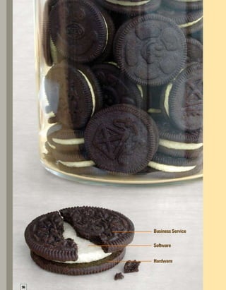 T
he data in a configuration management
database (CMDB) can be divided into
three distinct layers: hardware, software,
and services. So, what does this have to do
with an Oreo®
cookie? Read on, and you will
see it’s not as far-fetched as it may at first seem.
Let’s start with the physical infrastructure —
the hardware assets. Switches, routers, servers,
frames, disks, supervisor cards, CPU cards,
power distribution units, cables, and even lapt-
tops, desktops, monitors, and printers make
up the foundation of the IT infrastructure. In
most cases, these components of the infrastruct-
ture are uniquely identified by serial numbers,
have asset tags, and can be seen physically.
Some hardware components plug into a chassis
or frame and are dependent on that parent
component to function. Software is installed on
the hardware components in the infrastructure.
Software installations cannot exist independentl-
ly of the hardware hosts on which they reside.
Technicians are dispatched to the location of
the hardware — not the software and certainly
not the business service.
The business service is enabled by hardware
and software.The business service is logical
in nature.There are no real tangible facets of
the business service. A business service does
not have a serial number, weight, color, width,
length, or height. Business services cannot be
physically moved, they are not purchased as
a whole, and they are not physically installed
or uninstalled.
The hardware components and the
business service are the two chocolate
wafers of the Oreo cookie, and
software is the filling that holds the
wafers together.
Services, Software,
and Hardware CIs: 	
Just Like an
Oreo®
Cookie
By Jonathan Markworth
The CMDB is the cookie jar for the Oreo®
cookies that represent your
business systems. Business services and hardware components are
the two chocolate wafers, and software is the filling that holds the
wafers together.
1.  Oreo is a registered trademark of Kraft Foods.
!
97
 