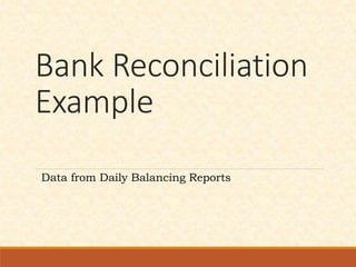 Bank Reconciliation
Example
Data from Daily Balancing Reports
 
