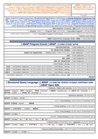 ‫כלל‬ ‫את‬ ‫מקיף‬ ‫הקורס‬‫הנדרשים‬ ‫הנושאים‬‫ל‬:‫ה‬ ‫שפת‬ ‫של‬ ‫יישומים‬ ‫רשימות‬ ‫צופה‬ ‫דו"ח‬ ‫כתיבת‬-ABAP[
Report(Application List Viewer)ABAP ALV]‫באמצעות‬‫היישומים‬ ‫רשימות‬ ‫צופה‬ ‫מודל‬
‫ה‬{ ‫תקני/רגיל‬Model( [Application List Viewer)Standard ALV]SALV}‫ו‬-‫תוכנית‬‫מונחת‬-
( ‫שיחה/דיאלוג‬Dialog-Oriented Program).‫הקורס‬‫כ‬‫ו‬‫לל‬‫מתוך‬ ‫נושאים‬:‫הקורס‬-‫הנחיית‬ ‫תכנות‬
‫אובייקט‬:‫ה‬ ‫בשפת‬-ABAP[Programming(Object Oriented)ABAP-OO]–‫גם‬ ‫הניתן‬
‫בניפרד‬.
:‫ה‬ ‫תיכנות‬ ‫שפת‬-ABAP
‫מערכת‬ ‫של‬SAP(SAP ABAP
Programming Language)
022‫ש"ל‬
( ‫הקורס/מסלול‬ ‫קהל‬Course Audience:)-( ‫מפתחי/תכנתי‬Developers/Programmers)‫בתחום‬ ‫להשתלב‬ ‫המעוניניים‬ ‫אחרות‬ ‫שפות‬,
‫מערכת‬ ‫יועצי‬SAP(SAP System Consultants)/‫מערכת‬ ‫מיישמי‬SAP(SAP System Implementers),‫מנהלי‬-‫מערכת‬ ‫רשת‬SAP
(SAP System Administrators),‫משתמשי‬-‫מערכת‬ ‫קצה‬SAP(SAP System End-Users),‫מערכות‬ ‫מדריכי/מטמיעי‬SAP(SAP
Systems Guiders/ Inculcates),‫מערכת‬ ‫פרויקט‬ ‫מנהלי‬SAP(SAP System Project Managers)‫מניח‬ ‫איננו‬ ‫הקורס‬ ;‫תכנותי‬ ‫ידע‬
(Programming Knowledge)‫כקורס‬ ‫לשמש‬ ‫ויכול‬ ‫כלשהוא‬ ‫מוקדם‬‫התכנותי‬(Programming Course)‫הלומד‬ ‫של‬ ‫הראשון‬.
‫גיש‬‫ת‬‫/פני‬‫ת‬‫בסיס‬-‫מערכת‬ ‫נתוני‬SAP(SAP Database Accessing)
( [ ‫פעילות‬ ‫תוכניות‬Executable Programs; )( ‫תוכנית‬ ‫סוג‬Program Type):-1( ‫דוחות‬ (Reports] )
[ ‫פעילות‬ ‫תוכניות‬ ‫במסגרת‬ ‫אירוע‬ "‫יחידות/"בלוקי‬Executable Programs Event Blocks‫מסוג‬ (1)-( ‫דוחות‬ ‫אירוע‬ "‫יחידות/"בלוקי‬
Reports Event Blocks] )
‫תצורת‬‫תכנות‬ ‫שפת‬:‫ה‬-ABAP(ABAP Programming Language Syntax)
:‫ה‬ ‫שפת‬ ‫תוכנית‬ ‫אירועי‬-ABAP(ABAP Program Events)
‫הוראת‬‫האירוע‬(tatementSventE):-INITIALIZATION
‫הוראת‬‫האירוע‬(tatementSventE:)-SCREEN-AT SELECTION
‫הוראת‬‫האירוע‬( [tatementSventE‫ברירת‬ ‫אירוע‬ )-( ‫המחדל‬ventEefaultD: ] )-SELECTION-OF-START
‫הוראת‬‫האירוע‬(tatementSventE:)-GET
‫הוראת‬‫האירוע‬(tatementSventE:)-GET…LATE
‫הוראת‬‫האירוע‬(tatementSventE:)-SELECTION-OF-END
‫עזיב‬‫ת‬‫/נטיש‬‫ת‬( ‫האירוע‬ "‫יחידות/"בלוקי‬Event Blocks Leaving)
( ‫האירוע‬ "‫יחידות/"בלוקי‬ ‫עזיבת/נטישת‬Event Blocks Leaving‫באמצעות‬ )( ‫הפעילות‬ ‫הפסקת‬ ‫הוראת‬Termination Statement):-STOP
( ‫האירוע‬ "‫יחידות/"בלוקי‬ ‫עזיבת/נטישת‬Event Blocks Leaving( ‫הפעילות‬ ‫הפסקת‬ ‫הוראת‬ ‫באמצעות‬ )Termination Statement:)-EXIT
( ‫האירוע‬ "‫יחידות/"בלוקי‬ ‫עזיבת/נטישת‬Event Blocks Leaving( ‫הפעילות‬ ‫הפסקת‬ ‫הוראת‬ ‫באמצעות‬ )Termination Statement:)-CHECK
‫אירוע‬ "‫יחידת/"בלוק‬ ‫עזיבת/נטישת‬:‫ה‬-GET(Event GET Block Leaving‫באמצעות‬ )( ‫הפעילות‬ ‫הפסקת‬ ‫הוראת‬Termination Statement:)-
REJECT
:‫ה‬ ‫שפת‬ ‫של‬ ‫הפתוחה‬ ‫המובנית‬ ‫השאילתות‬ ‫שפת‬-ABAP( [Structured Query Language)
ABAP Open SQL]
‫קריאת‬‫נתוני‬‫טבל‬‫או‬‫בסיסי‬ ‫ת‬-( ‫נתונים‬Database Tables Data Reading)
SELECT <result> INTO <target> FROM <source> [ WHERE <condition> ][ GROUP BY <fields> ] [
HAVING <cond> ] [ ORDER BY <fields> ]
( ‫הבחירות‬ ‫הגדרת‬Selections Definition)
SELECT <lines> <cols> ...
( ‫נתונים‬ "‫רשומת/שורת/"כניסת‬ ‫קריאת‬Entry Reading‫יחידה‬ )
SELECT SINGLE <cols> ... WHERE ...
( ‫נתונים‬ "‫שורות/"כניסות‬ /‫רשומות‬ '‫מס‬ ‫קריאת‬Entries Reading)
SELECT [ DISTINCT ] <cols>...WHERE...
( ‫נתונים‬ "‫רשומת/שורת/"כניסת‬ ‫קריאת‬Entry Reading‫שלמה‬ )
SELECT <lines> * ...
‫רשומ‬ ‫קריאת‬‫ו‬‫ת/שור‬‫ו‬‫ת/"כניס‬‫ו‬( ‫נתונים‬ "‫ת‬Entries Reading‫פרטניות‬ )
> ]2a<AS> [2s> ] <1a<AS> [1s> <lines<SELECT
( ‫צבירה/סיכום‬ ‫קריאת‬Aggregate( ‫עמודות/שדות‬ ‫נתוני‬ )Columns Data)
>2a<) [ AS>2s<]DISTINCT[(>agg<]>1a<) [ AS>1s<]DISTINCT[(>agg<>lines<SELECT
]..
‫עמודות/שדות/רכיבים‬ ‫הגדרת‬‫נייד/דינאמי‬ ‫באופן‬(Columns Define Dynamically)
SELECT <lines> ( <itab> )...
 