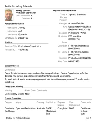 Profile for Jeffrey Edwards
Jeffrey Edwards
Production Coordinator
Direct Subordinates 0
Total team 0
Personal Information
First Name Jeffrey
Nickname Jeff
Last Name Edwards
Employee ID 20000152
Position
Position Title Production Coordinator
Position ID 40048583
Organisation Information
Time in
Current
Position
3 years, 3 months
Manager Andrew Fletcher
KPT Coordinator Production
Execution (60004372)
Location Pt Hedland (WA06)
Business F00 Iron Ore
(60006475)
Asset
Operation FPO Port Operations
(60006501)
HR Entity FPO Port Production
(60007459)
Function Production (60002209)
Hire Date 04/02/1985
Career Interests
Comments
Cover for departmental roles such as Superintendent and Senior Coordinator to further
develop my current experience in both Maintenance and Operations.
To work with & assist in developing current role to suit business plan and Transformation
initiatives.
Geographic Mobility
Mobility From Date Comments
Domestically Mobile Now
Formal Education
Degree Major Country Institution Degree
Status
Year
Completed
Comments
Graduate
Certificate
Operator/Technician Australia TAFE
(Technical
and
Completed 2007 Certificate
in Safe
Bulk
Profile for Jeffrey Edwards 1 of 3Profile for Jeffrey Edwards 1 of 3
 