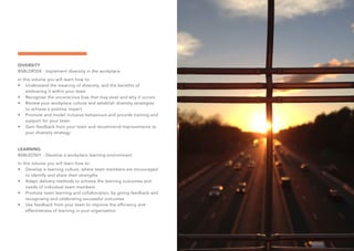 DIVERSITY
BSBLDR504 - Implement diversity in the workplace
In this volume you will learn how to:
•	 Understand the meaning of diversity, and the benefits of
embracing it within your team
•	 Recognise the unconscious bias that may exist and why it occurs
•	 Review your workplace culture and establish diversity strategies
to achieve a positive impact
•	 Promote and model inclusive behaviours and provide training and
support for your team
•	 Gain feedback from your team and recommend improvements to
your diversity strategy
LEARNING
BSBLED501 - Develop a workplace learning environment
In this volume you will learn how to:
•	 Develop a learning culture, where team members are encouraged
to identify and share their strengths
•	 Adapt delivery methods to achieve the learning outcomes and
needs of individual team members
•	 Promote team learning and collaboration, by giving feedback and
recognising and celebrating successful outcomes
•	 Use feedback from your team to improve the efficiency and
effectiveness of learning in your organisation
 