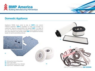 Appliance OEMs have come to rely on BMP's non woven
material expertise. BMP's capability to meet and exceed our
customers' rigorous requirements has placed BMP in a class of
our own. Our focus on product innovation, improving performance
and cost reduction has quickly made BMP the Appliance Industry
leader for technical textile products.
DomesticAppliance
01: Dishwasher Sound Absorbers
02: Floor Care Filters
03: Polyurethane Dryer Drum Wheels
04: Dryer Drum / Bulkhead Air Seals
01
04
02
03
 