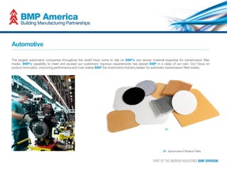Automotive
The largest automotive companies throughout the world have come to rely on BMP's non woven material expertise for transmission filter
media. BMP's capability to meet and exceed our customers' rigorous requirements has placed BMP in a class of our own. Our focus on
product innovation, improving performance and cost makes BMP the Automotive Industry leader for automatic transmission filter media.
01: Automotive Filtration Felts
01
 