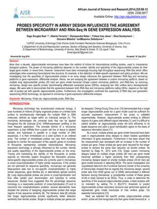 African Journal of Science and Research,2014,(3)5:08-12
ISSN: 2306-5877
Available Online: http://ajsr.rstpublishers.com/
PROBES SPECIFICITY IN ARRAY DESIGN INFLUENCES THE AGREEMENT
BETWEEN MICROARRAY AND RNA-Seq IN GENE EXPRESSION ANALYSIS.
Dago Dougba Noel 1,3*, Alberto Ferrarini 3, Diarassouba Nafan 1, Fofana Inza Jésus 1, Silué Souleymane 1,
Giovanni Malerba 2 andMassimo Delledonne 3
1)UPGC University of Korhogo Cote d’Ivoire Unité Formation Recherche Sciences Biologiques, Côte d'Ivoire.
2 )Department of Life and Reproduction sciences, Section of Biology and Genetics, University of Verona, Italy.
3) Department of Biotechnology, University of Verona, Italy Strada le Grazie 15, Cà vignal 1,Italy.
Email:dgnoel7@gmail.com
Received:04, Aug,2014 Accepted: 19 ,Sep,2014
Abstract
More than a decade, oligonucleotide microarrays have been the method of choice for transcriptional profiling studies, used to characterize
biological systems. The power of microarray platforms depends on the number, identity and specificity of the oligonucleotide probes for their
target gene models. In recent time, however, researchers have been increasingly focusing high-throughput sequencing RNA-Seq which offers
advantages when examining transcriptome fine structure; for example, in the detection of allele-specific expression and splice junctions. We are
investigating how the specificity of oligonucleotide probes in an array design influences the agreement between RNA-Seq and microarray
platforms in gene expression, differential analysis. Hence, we are essaying the agreement between a custom microarray platform, based on
multiple long oligonucleotide probes (60 mer) per gene model transcript (Grape custom microarray platform), and RNA-Seq, by removing
microarray, design less specific probes discriminating differential expressed genes (DEGs), analyzing two Vitis vinifera berry developmental
stages. We were able to demonstrate that the agreement between both RNA-Seq and microarray platforms calling DEGs, depend on the high
rate of probes set with specific oligonucleotide probes. Furthermore, this investigation confirmed the superiority of RNA-Seq next generation
sequencing (NGS) technology, as opposed to microarray in gene expression differential analysis.
Keywords: Microarray, Probe set, oligonucleotide probe, RNA-Seq.
INTRODUCTION
Microarray technology has revolutionized molecular biology. It
uses hundreds of millions of highly organized probes on a limited solid
surface to simultaneously interrogate the multiple RNA or DNA
molecules, defined as target within an individual sample [1]. The
microarray technologies are universal tools that can be applied
throughout the life sciences [2-4]. mRNA-expression profiling is the
most frequent application. The principle behind of a microarray
experiment, is that mRNAs from a given cell line or tissue is labeled
sample, and hybridized in parallel to a large number of DNA
sequences, it is then immobilized on a solid surface in an ordered
array. The number of immobilized probes can vary from hundreds
designed to monitor the expression of few specific genes to hundreds
of thousands representing complete transcriptomes. Microarray
expression technology is strongly influenced by the number, identity
and quality (specificity) of the oligonucleotide probes on the array.
Tracing and maintaining the identity of the thousands of probes
requires an informatic system throughout the fabrication process.
Gene-specific oligonucleotide probes are currently used in microarrays
to avoid cross-hybridization of highly similar sequences. If the probes
are not optimized for sequence specificity, microarrays can generate
false-positive data due to non-specific crosshybridization to highly
similar sequences, gene families [5], or alternatively spliced variants
[6]. Long oligonucleotide probes are prone to cross-hybridization and
thus often exhibit poor discrimination and hybridize to similar
sequences. Studies have suggested that the percentage sequence
homology is a reasonable predictor of cross-hybridization [7] and to
overcome this crosshybridization problem, several laboratories have
adopted the practice of designing oligonucleotide probes that target
regions of low sequence similarity [8]. The literature data [9] indicate
that longer oligonucleotides provide significantly better detection
sensitivity than shorter probes. Single or multiple probes per genes can
be designed. Cheng-Chung Chou et al. [10] demonstrated that a single
longer oligonucleotide probe for a gene model could be sufficient for
accurate expression measurement if the probe is validated
experimentally. However, oligonucleotide probes binding to different
regions of a gene yield different signal intensities [1], and it is difficult to
predict whether an oligonucleotide probe will bind efficiently to its
target sequence and yield a good hybridization signal on the basis of
sequence information alone [11].
As a result, multiple probes per gene model transcript have been
used in oligonucleotide array designs to obtain reliable quantitative
information of gene expression. Furthermore it has been shown that
the measurement bias decreased with an increase in the number of
probes per gene. Fewer probes per gene were required for the longer
probes to achieve the same bias reduction as shorter probes. As
reported by Dago N., 2012 work [12], Grape custom microarray
designs based on multiple longer probes (60 mer) per gene model
transcript exhibited a higher sensitivity than their corresponding
microarray designs based on shorter multiple probes (35-40 mer) per
gene model transcript in detecting DEGs. The same investigation and
unpublished data form the Functional Genomic Center of the university
of Verona-Italy showed that as regards this microarray design, several
probe sets from 6538 genes out of 29582 demonstrated a different
behavior among themselves; a considerable number of these genes
(4146 in total) claimed to be DEGs. Thus, in order to determine the
specificity of the analyzed oligonucleotide probes, a blast analysis with
no mismatch by setting Tm ≥ 85±15°C threshold to predict
oligonucleotide probes secondary structure was performed against all
represented gene model transcripts of Vitis vinifera grape 12x
assembly transcriptome [13].
Next, we selected the specific probes (oligonucleotide probes
and/or probe set that recognized only their gene model transcript at a
 