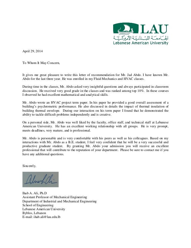 recommendation letter ihab ali it is with great pleasure that i write this letter of recommendation