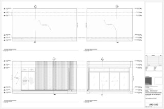 T.O. FLOOR
0' - 3"
T.O. ROOF
11' - 4"
B.O. BEAM
10' - 0"
T.O. FOOTING
-0' - 3"
1
A403.00
T.O. PARAPET
13' - 0"
BASE PLANE
0' - 4"
STUCCO FINISH
PROPERTYLINE
T.O. FLOOR
0' - 3"
T.O. ROOF
11' - 4"
B.O. BEAM
10' - 0"
T.O. FOOTING
-0' - 3"
1
A404.00
T.O. PARAPET
13' - 0"
BASE PLANE
0' - 4"
STUCCO FINISH
PROPERTYLINE
T.O. FLOOR
0' - 3"
T.O. ROOF
11' - 4"
B.O. BEAM
10' - 0"
T.O. FOOTING
-0' - 3"
1
A403.00
T.O. PARAPET
13' - 0"
BASE PLANE
0' - 4"
FIXED FIXED
TOP & BOTTOM
BOLT LOCK
PROPERTYLINE
STUCCO
FINISH
T.O. FLOOR
0' - 3"
T.O. ROOF
11' - 4"
B.O. BEAM
10' - 0"
T.O. FOOTING
-0' - 3"
1
A404.00
T.O. PARAPET
13' - 0"
BASE PLANE
0' - 4"
SLIDE SLIDE
PROPERTYLINE
Scale:
Consultant
Address
Address
Phone
Fax
e-mail
Consultant
Address
Address
Phone
Fax
e-mail
ARCHITECTS PLLC
648 Broadway / Suite 402, New York, NY 10012
T.212.254.5210
F.212.254.4523
www.wilkinsonarchitects.com
New York: Registered Architect 027917-1
Pennsylvania: Registered Architect 402561
National Council of Architectural Registration Board #52853
DOB Barcode
1/2" = 1'-0"
A401.00
GYM EXTERIOR ELEVATIONS
KASSIN RESIDENCE
Enter address here
1/2" = 1'-0"
2
DETACHED GARAGE EXTERIOR
ELEVATION - NORTH
1/2" = 1'-0"
3
DETACHED GARAGE EXTERIOR
ELEVATION - WEST
1/2" = 1'-0"
1
DETACHED GARAGE EXTERIOR
ELEVATION - SOUTH
1/2" = 1'-0"
4
DETACHED GARAGE EXTERIOR
ELEVATION - EAST
No. Description Date
PRICING 05.04.15
 