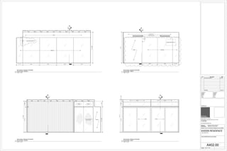 1
A404.00
MIRROR
GWB SOFFIT
AIR REGISTERS
EQ 2 EQ 2 2' - 0"
9'-9"
GWB
CEILING MOUNTED TV
ALIGN
1
A404.00
SLIDE SLIDE
GWB GWB
8'-0"1'-95/8"0'-63/8"
10'-4"
1
A403.00
9'-95/8"
CEILING MOUNTED TV
2' - 0" EQ 1 EQ 1 EQ 1 EQ 1
1
A403.00
FIXEDFIXED
GWBTOP & BOTTOM
BOLT LOCK
1'-87/8"8'-03/4"
1'-95/8"8'-0"
9'-95/8"
Scale:
Consultant
Address
Address
Phone
Fax
e-mail
Consultant
Address
Address
Phone
Fax
e-mail
ARCHITECTS PLLC
648 Broadway / Suite 402, New York, NY 10012
T.212.254.5210
F.212.254.4523
www.wilkinsonarchitects.com
New York: Registered Architect 027917-1
Pennsylvania: Registered Architect 402561
National Council of Architectural Registration Board #52853
DOB Barcode
1/2" = 1'-0"
A402.00
GYM INTERIOR ELEVATIONS
KASSIN RESIDENCE
Enter address here
No. Description Date
2 PRICING REVISION 1 6/10/15
1/2" = 1'-0"
1
DETACHED GARAGE INTERIOR
ELEVATION - WEST
1/2" = 1'-0"
3
DETACHED GARAGE INTERIOR
ELEVATION - EAST
1/2" = 1'-0"
2
DETACHED GARAGE INTERIOR
ELEVATION - NORTH
1/2" = 1'-0"
4
DETACHED GARAGE INTERIOR
ELEVATION - SOUTH
MIRROR
GWB
PRICING 05.04.15
 