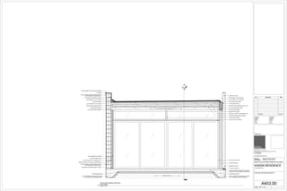 1
A404.00
2x6 IPE SLAT WALL
4" VERTI-KALWALL
3x3x1/4 HSS COLUMN
1" THICK STONE SILL
12"x12" CONCRETE HAUNCHED FOOTING
WITH SCHEDULED REINFORCEMENT
3,000 PSI POURED CONCRETE SLAB WITH
6x6 WELDED WIRE FABRIC REINFORCING
3" RIGID INSULATION
COMPACTED FILL
6x6x3/8 STEEL ANGLE
3-1/2x15 WOOD ROOF BEAM
3-1/2x15 WOOD ROOF BEAM 24"O.C.
STEEL BEAM HANGER
RIM JOIST WITH MORTISED WALL CLIP
1" THICK AZEK FACIA
COIL STOCK DRIP EDGE
(2) LAYERS OF 3/4" PLYWOOD
ROOF FINISH AS SCHEDULED
2x6 IPE SLAT WALL
CMU BLOCK WALL WITH STEEL REINFORCING
3-5/8" 20GA METAL STUDS @ 16"O.C.
STUCCO FINISH OVER EXPANDED METAL
LATH FASTENED TO BLOCK WALL
R-15 BATT INSULATION
3-5/8" 20GA CONTINUOUS METAL TRACK
5/8" GYPSUM WALL BOARD
OPEN CELL SPRAY FOAM INSULATION
1/2" MDF BETWEEN ROOF BEAMS
STUCCO FINISH OVER EXPANDED METAL
LATH FASTENED TO BLOCK WALL
STEEL BEAM HANGER
3-5/8" 20GA STEEL RUNNER
MORTAR
STONE PARAPET CAP PITCHED INWARD
(2) LAYERS OF 3/4" PLYWOOD
WOOD BLOCKING
(2) LAYERS OF 3/4" PLYWOOD
2x4 WOOD BLOCKING BEYOND
FLASHING & COUNTERFLASHING
3x3x1/4 STEEL ANGLE
C10x15.3 STEEL CHANNEL
12"x12" CONCRETE HAUNCHED FOOTING
WITH SCHEDULED REINFORCEMENT
3" RIGID INSULATION
Scale:
Consultant
Address
Address
Phone
Fax
e-mail
Consultant
Address
Address
Phone
Fax
e-mail
ARCHITECTS PLLC
648 Broadway / Suite 402, New York, NY 10012
T.212.254.5210
F.212.254.4523
www.wilkinsonarchitects.com
New York: Registered Architect 027917-1
Pennsylvania: Registered Architect 402561
National Council of Architectural Registration Board #52853
DOB Barcode
3/4" = 1'-0"
A403.00
GYM SECTION NORTH/SOUTH
KASSIN RESIDENCE
Enter address here
No. Description Date
3/4" = 1'-0"
1
DETACHED GARAGE SECTION -
EAST/WEST
PRICING 05.04.15
 